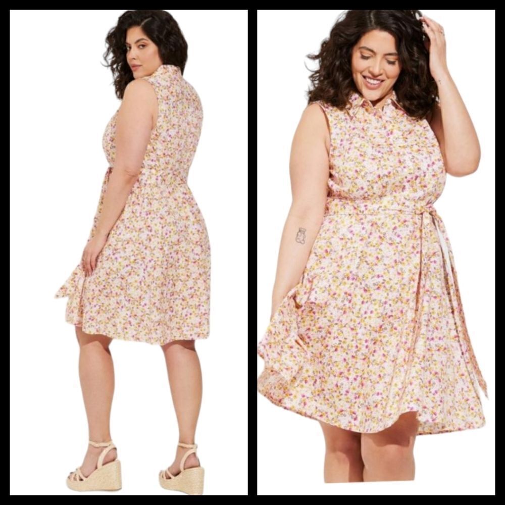 6X 30W Torrid Pink Ditsy Floral Poplin Shirt Dress Collared Belt Button Up Pocke